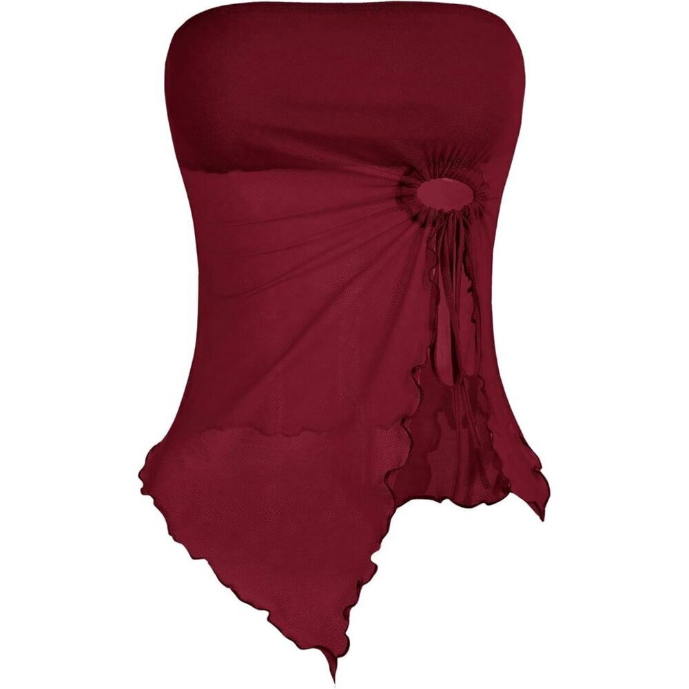 Women's Mesh Drawstring Split Tube Top Strapless Sleeveless Summer Fashion